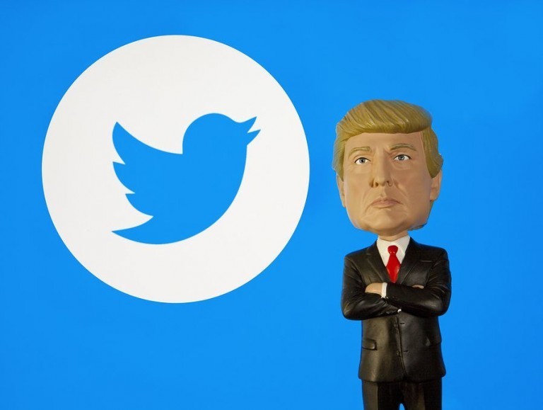 Donald Trump Bobble Head figure standing in front of a Twitter logo