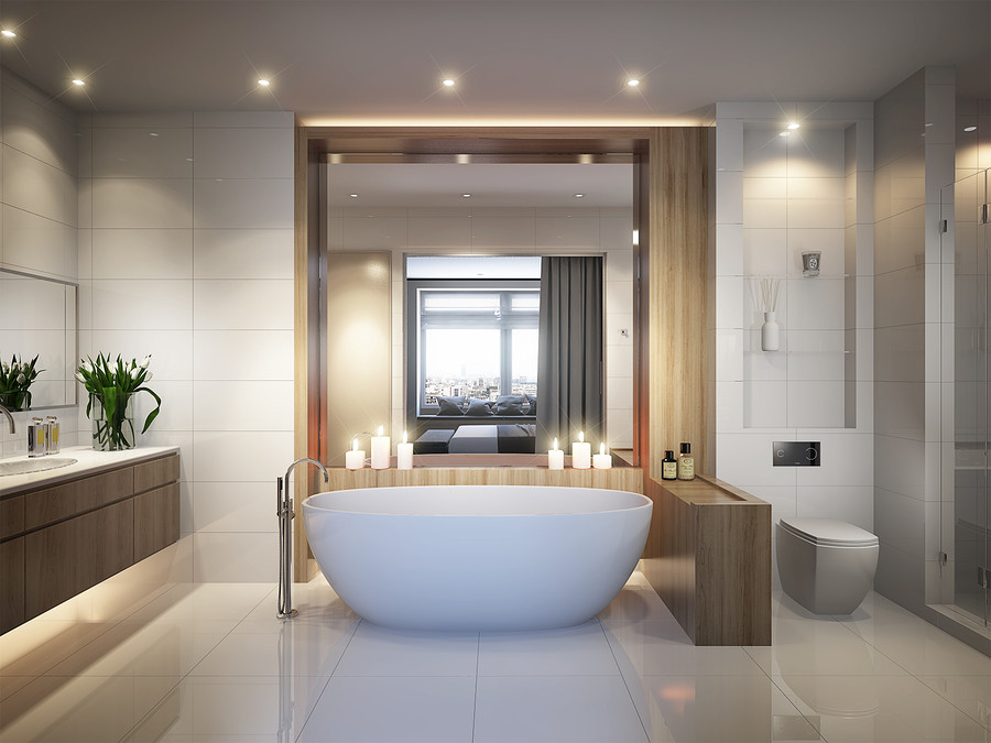 Spacious and bright modern bathroom with white tile large mirror bathtub and shower cabin. 3d rendering