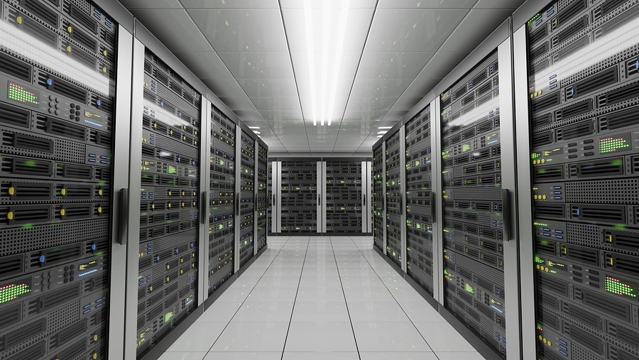 Computers and servers in datacenter. Data storage and cloud services concept. 3D rendered illustration.