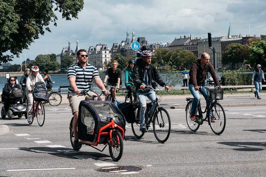 Copenhagen Denmark - August 10 2016. Cyclists crossing the street in Copenhagen. The bicycle is the typical mode of transport in Denmark