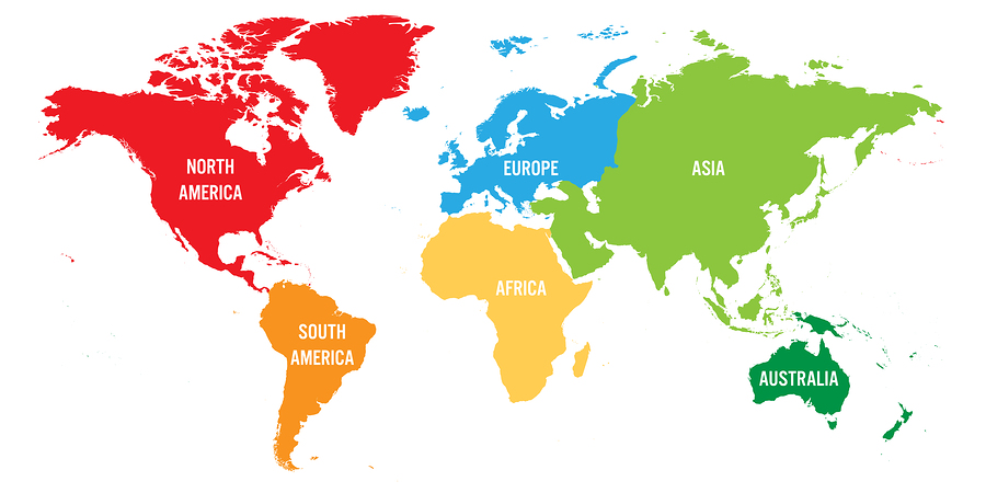 World map divided into six continents. Each continent in different color. Simple flat vector illustration.