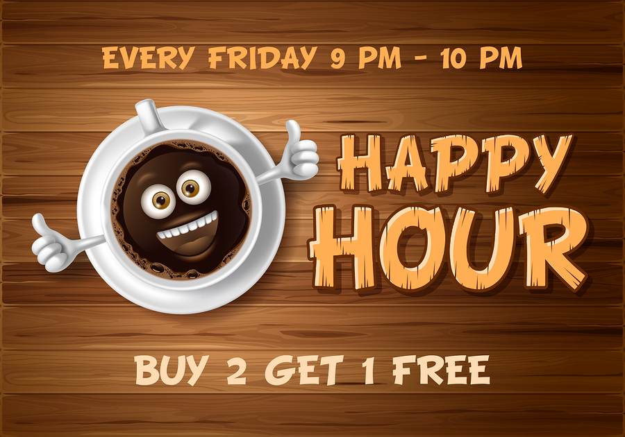 Happy Hour. Vintage vector illustration with lettering and cute cheerful coffee cup on wooden background.