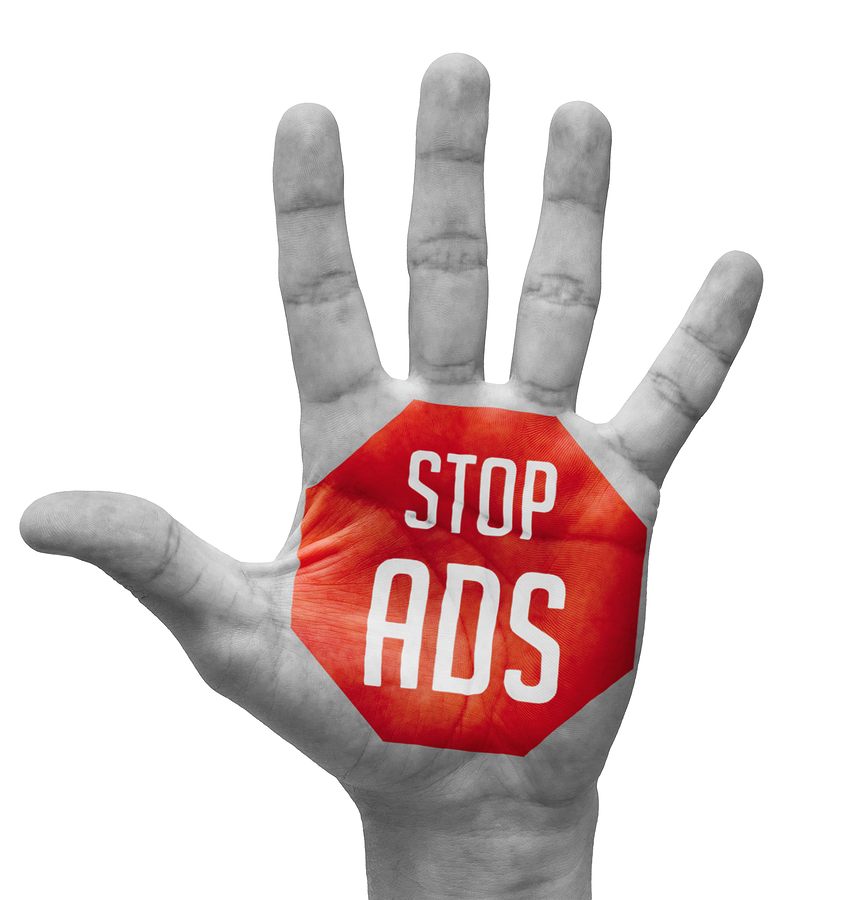 Stop ADS - Red Sign Painted - Open Hand Raised, Isolated on White Background