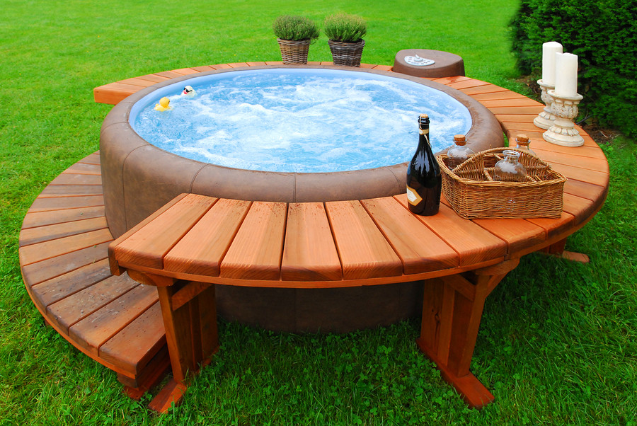 Luxury bubble bath in a green garden