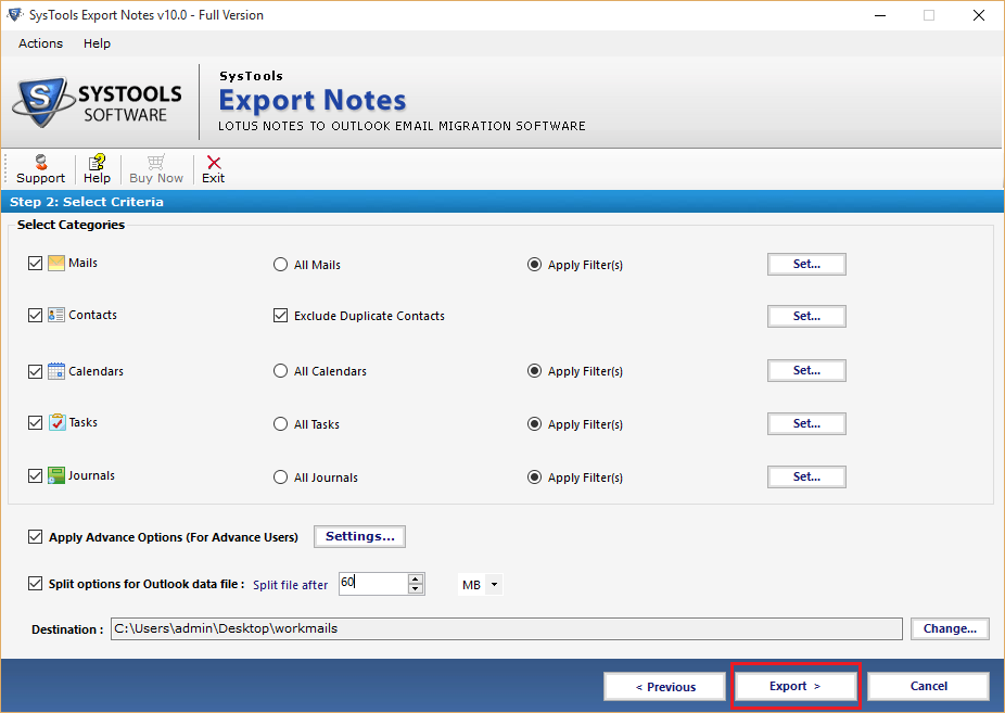 Export the NSF file into Outlook PST format