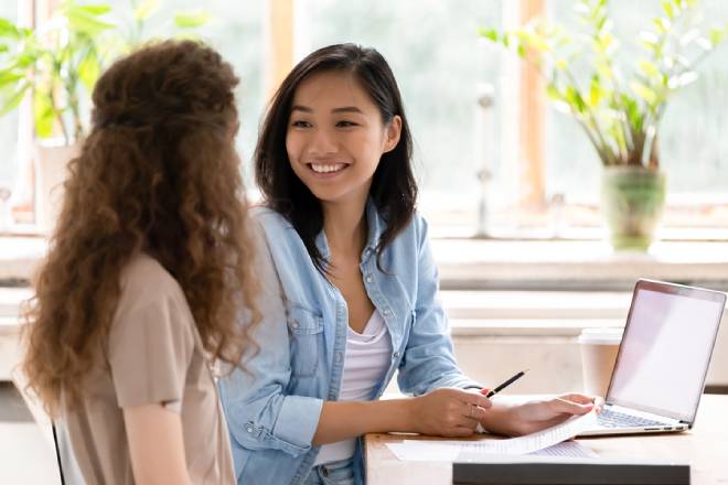 HR insurer advisor meeting applicant at job interview