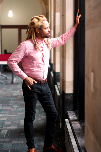 man pink shirt office