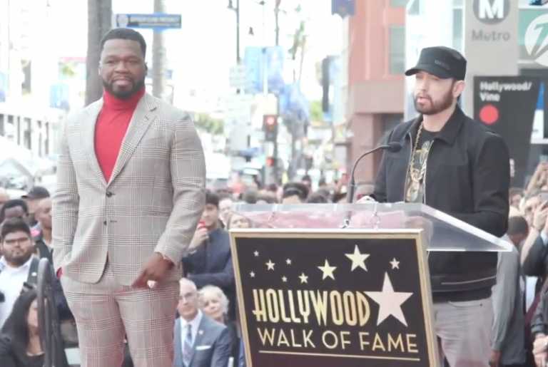 Eminem makes rare public appearance at 50 Cent’s Walk of Fame induction